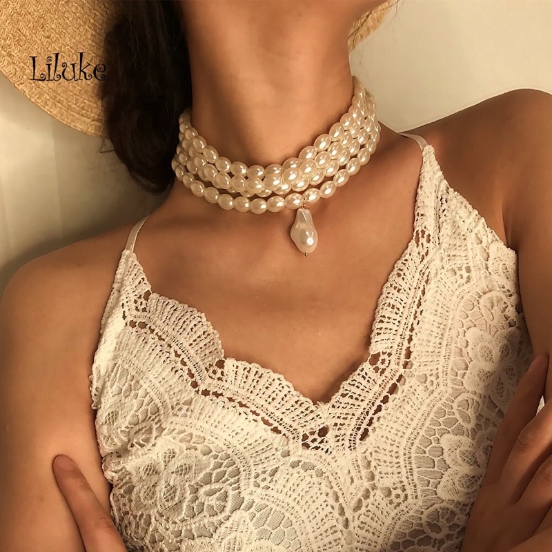 Chuỗi choker đeo cổ hạt gạo ngọc trai nhân tạo 8ly hạt dài