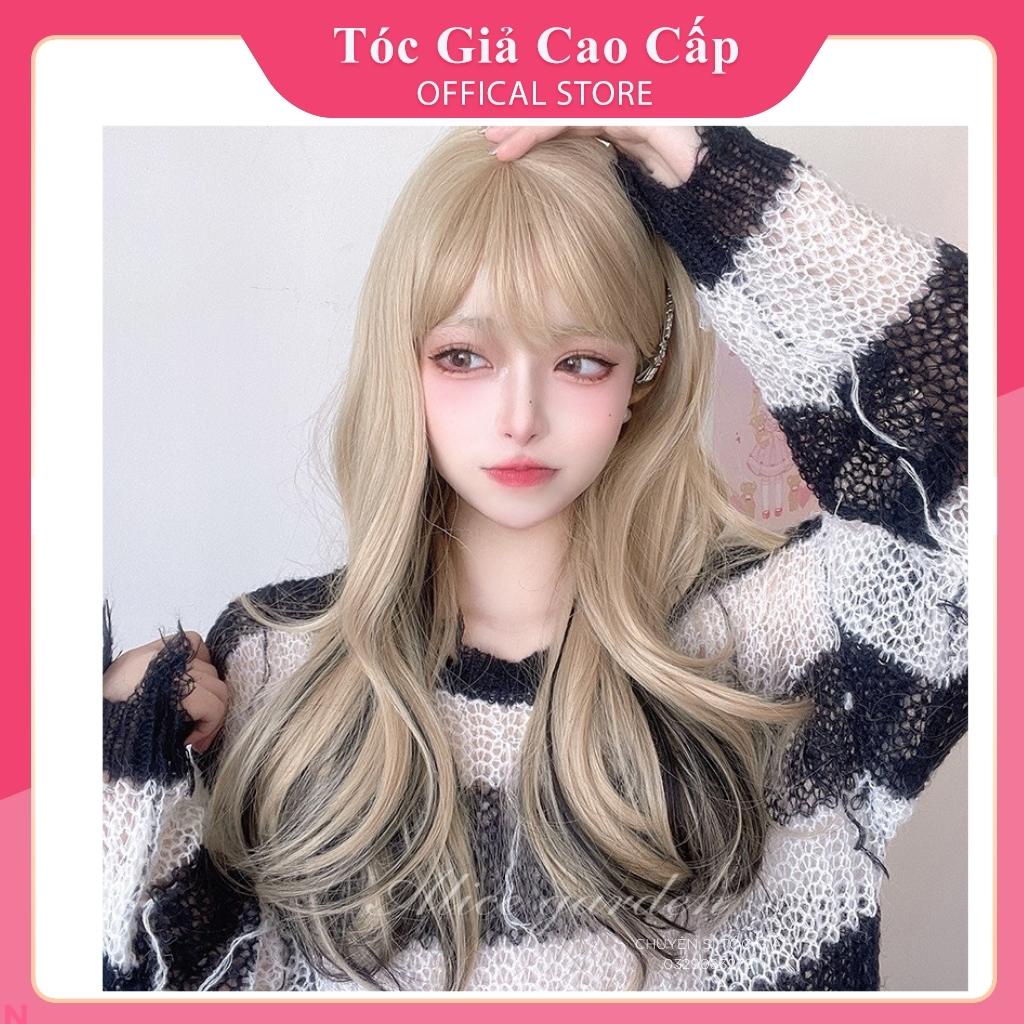 Tóc giả nữ nguyên đầu xoăn nhẹ màu vàng tây phối line đen, tặng kèm lưới trùm wig.
