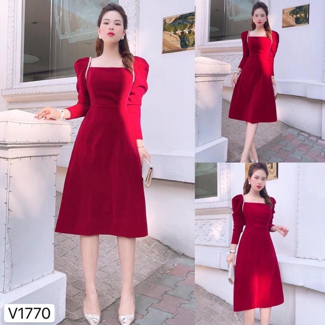 ⚡️BÁN SỈ⚡️Đầm nhung 2 màu cổ vuông viền tay bồng