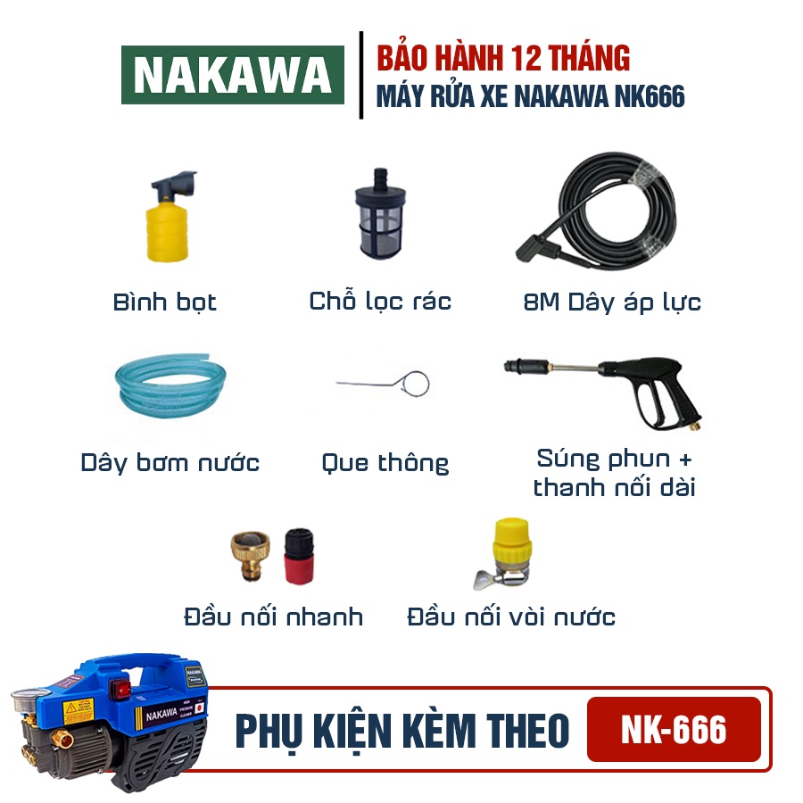 Máy rửa xe NAKAWA NK666 công suất 2300W, Motor từ dây Đồng dùng cho gia đình phun rửa sân, ô tô, xe máy