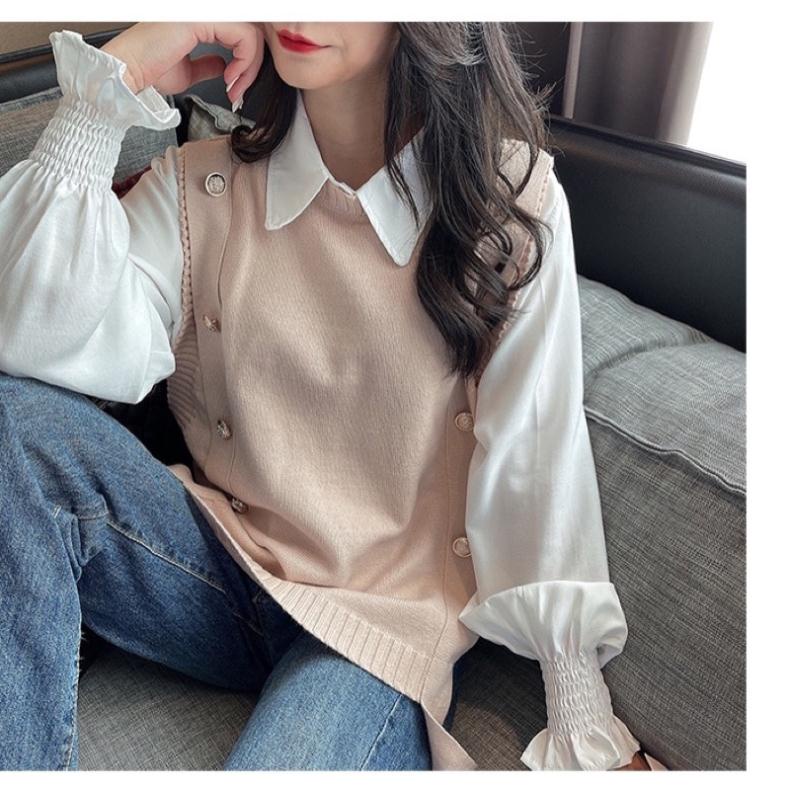 Sét áo gile len kèm áo sơ mi tay bèo hàng QC loại 1 _ảnh thật