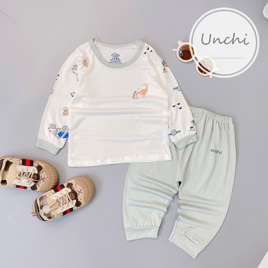 Bộ Dài Tay Unchi Vải Peptit Nền Trắng Quần Màu Cực Mềm Mịn Cho Bé 5-16kg - Umee Kids