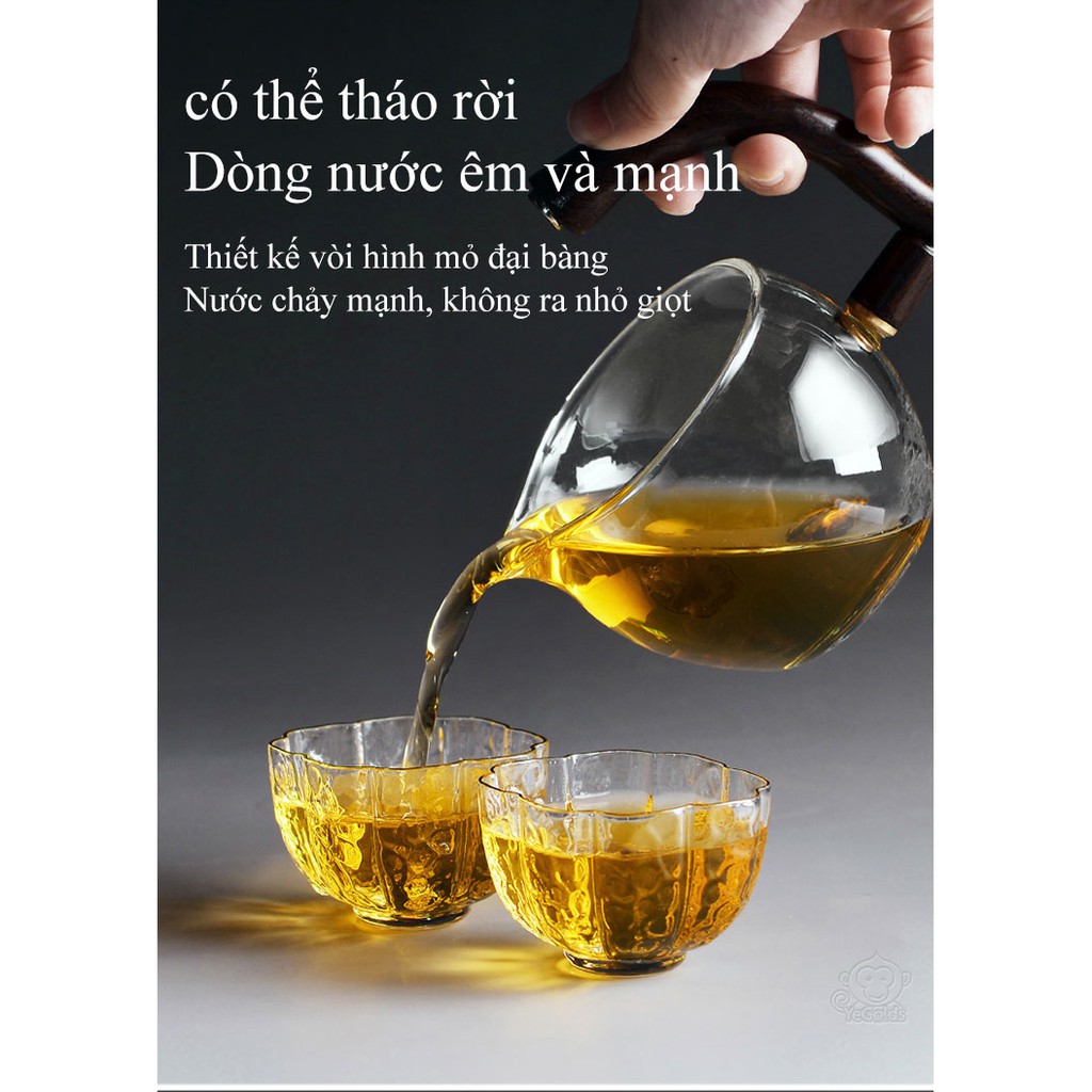 Bộ dụng cụ bình trà đạo và 6 ly thuỷ tinh Cao Cấp BOROSILICATE &amp; WOOD 6cup