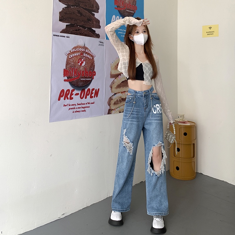 Quần jean dài ống rộng thiết kế rách lỗ thời trang dành cho nữ