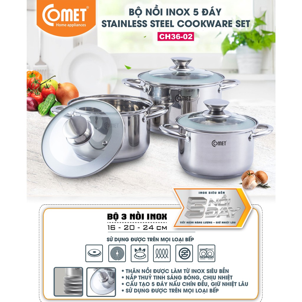 Bộ 03 nồi inox 5 đáy COMET - CH36-02