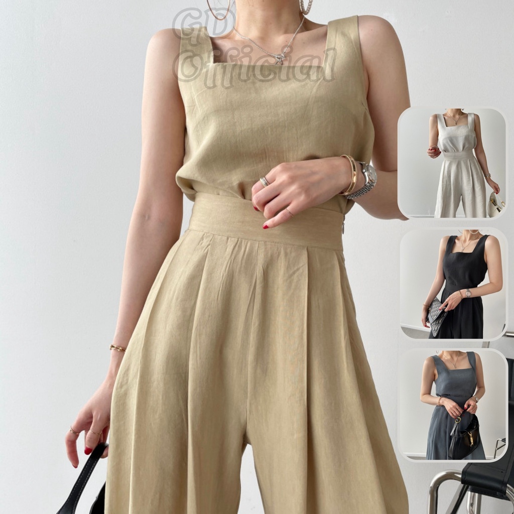 B88|Set bộ nữ cotton áo hai dây không tay cổ vuông, quần lưng cạp cao suông dài đơn giản be, xám, kaki, đen GD Official