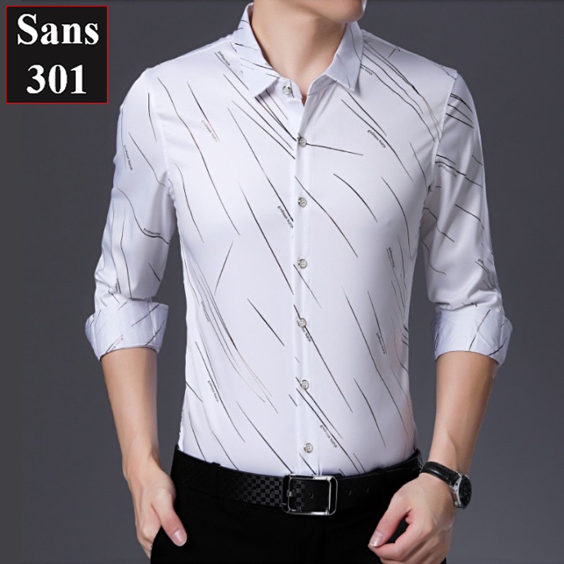 Áo sơ mi nam tay dài họa tiết Sans301 công sở thời trang hot hàn quốc hoa văn trắng đen xanh cao cấp chất đẹp