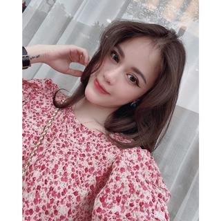 Váy bầu hoa nhí hồng ngắn tay đầm bầu thiết kế dáng suông tay bồng