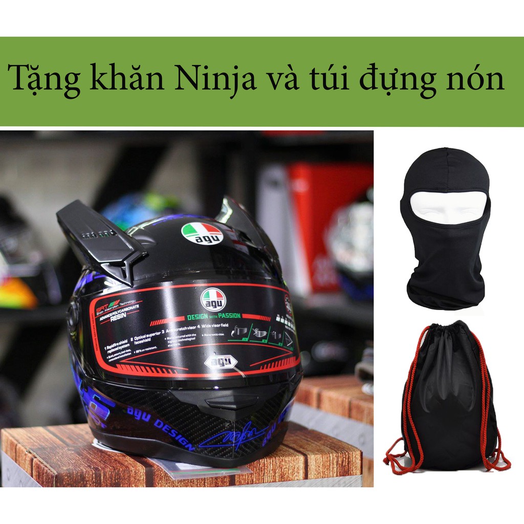 Nón Fullface AGU tem 46 XANH DƯƠNG, tặng túi đựng nón và Khăn Ninja