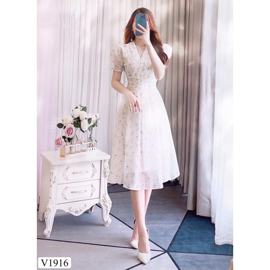 [Hàng Thiết Kế] Váy hoa nhí dáng xòe chiết eo tay bông V1916 - Váy đầm đẹp dự tiệc DVC kèm ảnh thật
