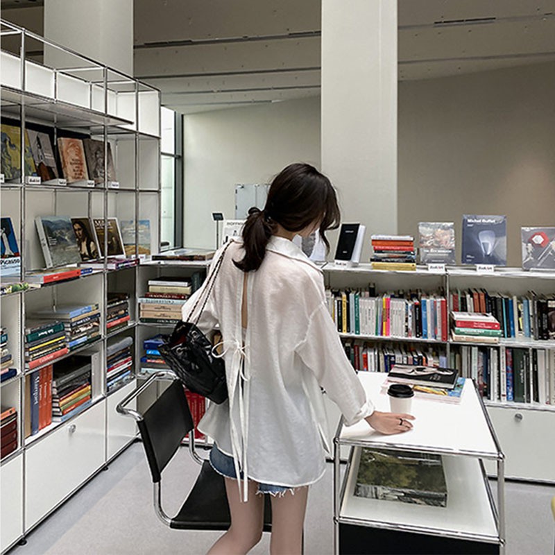 Áo Kiểu Đầm Sơ Mi Mỏng Dáng Rộng Xẻ Tà Sau Lưng Thời Trang Dành Cho Nữ