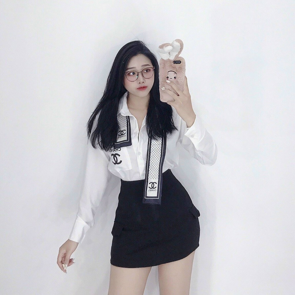 áo sơ mi đính nơ có túi xinh xắn tay dài