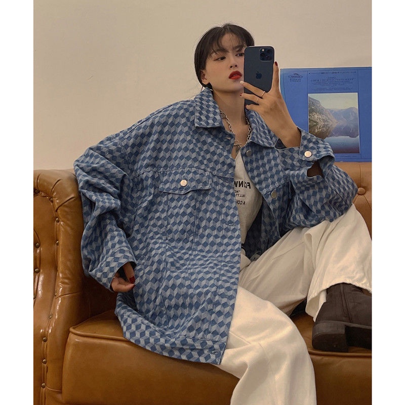 Áo Khoác denim Dáng Rộng Cổ polo Thêu Họa Tiết Kẻ Sọc Caro Thời Trang Phong Cách Hàn Quốc