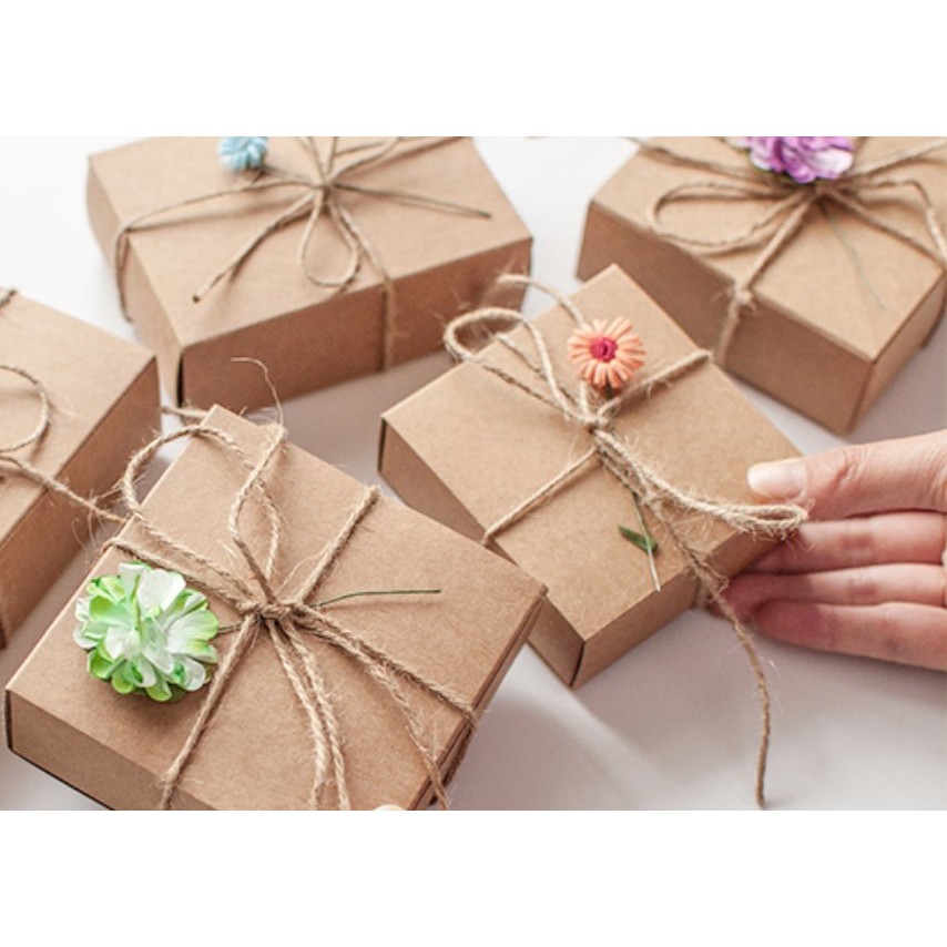 Hộp giấy kraft nắp bao diêm thắt nơ Vintage kèm rơm lót, hộp đựng quà kraft | BigBuy360 - bigbuy360.vn