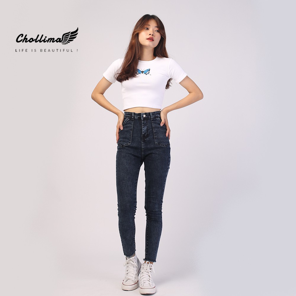 Quần dài jeans nữ co giãn Chollima cạp siêu cao đắp 2 túi nhọn QD005  – quần bò nữ cạp siêu cao