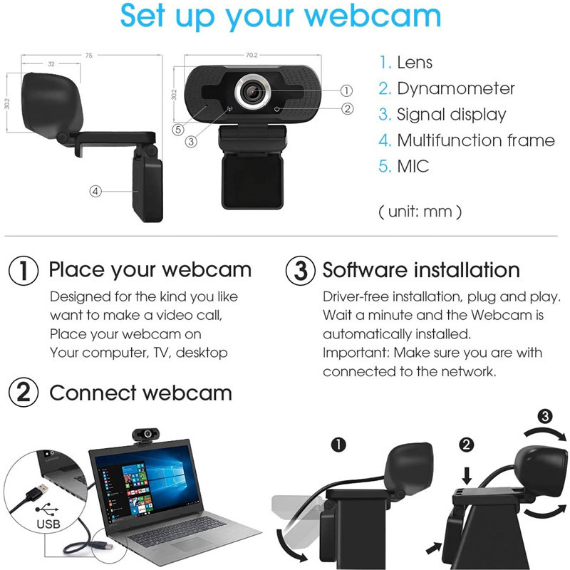 HD 1080P 30FPS Webcam For PC Laptop With Microphone Computer Web Camera 360° Degree Rotatable Cameras For Live Broadcast Video Calling Conference Work Home Office School Meeting