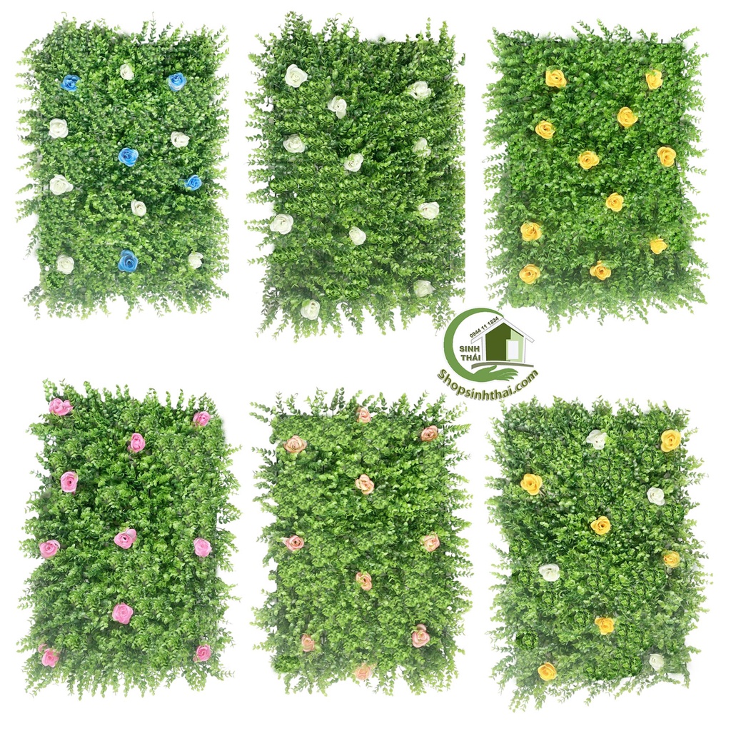Tấm cỏ nhựa nhân tạo treo tường gắn hoa điểm nhiều màu 40cm x 60cm - Chọn loại