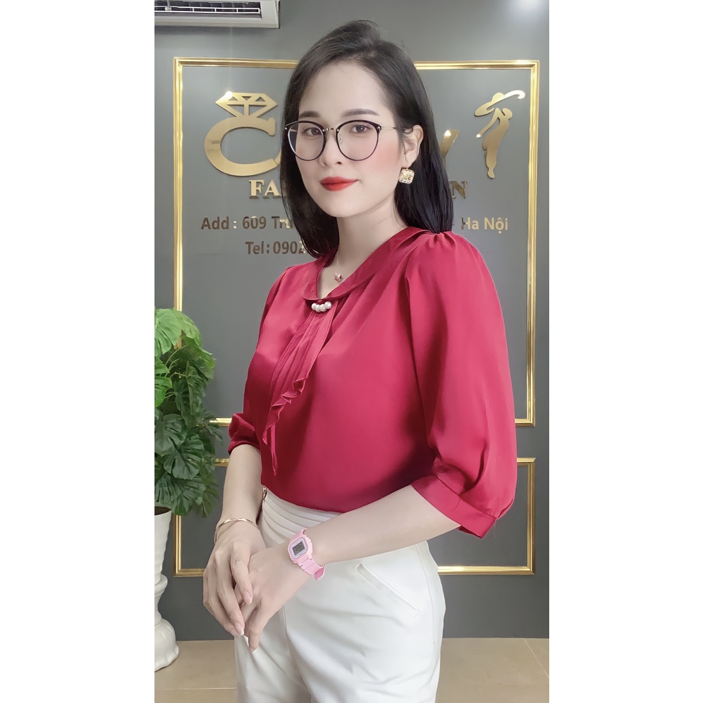 Áo công sở nữ ngắn tay dáng suông chất lụa vân ngọc trai cao cấp mềm mịn A6 Candy Fashion