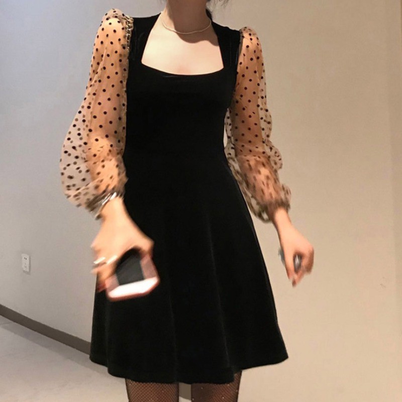 Đầm Nhung Tay Dài Phối Lưới Họa Tiết Chấm Bi Thời Trang Cho Nữ | BigBuy360 - bigbuy360.vn