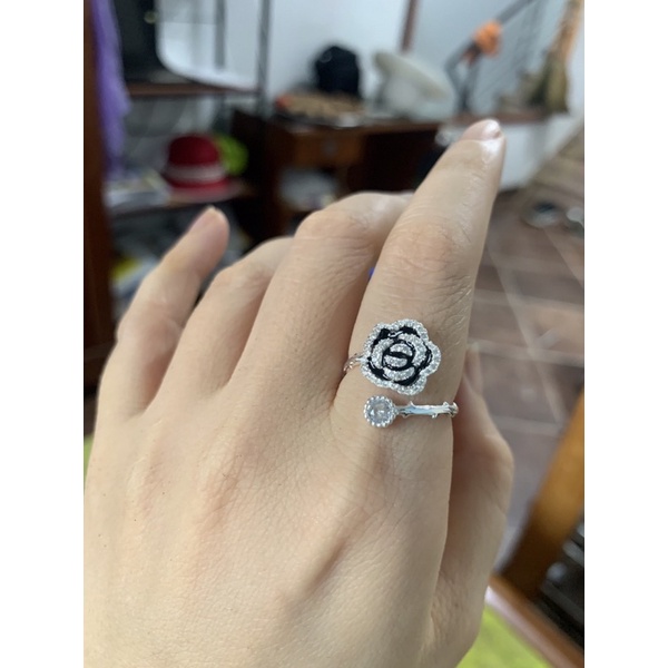 Bộ hoa hồng nạm đá cz đen xinh đẹp bạc chuẩn
