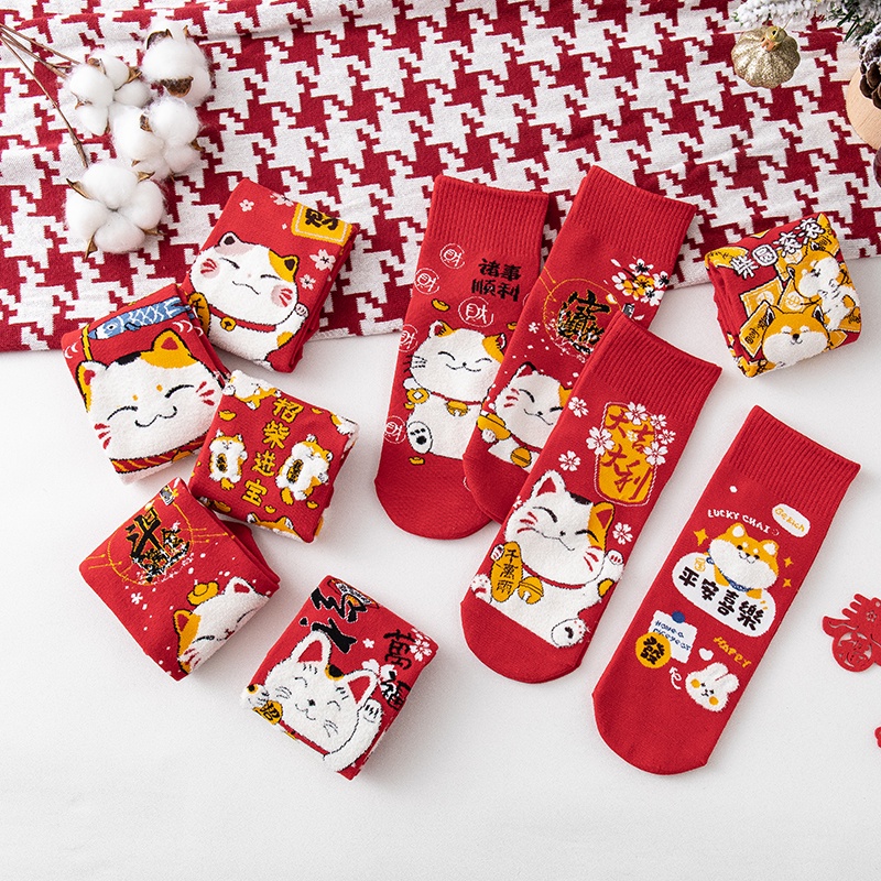 Đôi vớ cotton cổ cao tới mắt cá chân màu đỏ họa tiết mèo may mắn hoạt hình đáng yêu thời trang năm mới cho nữ bé gái