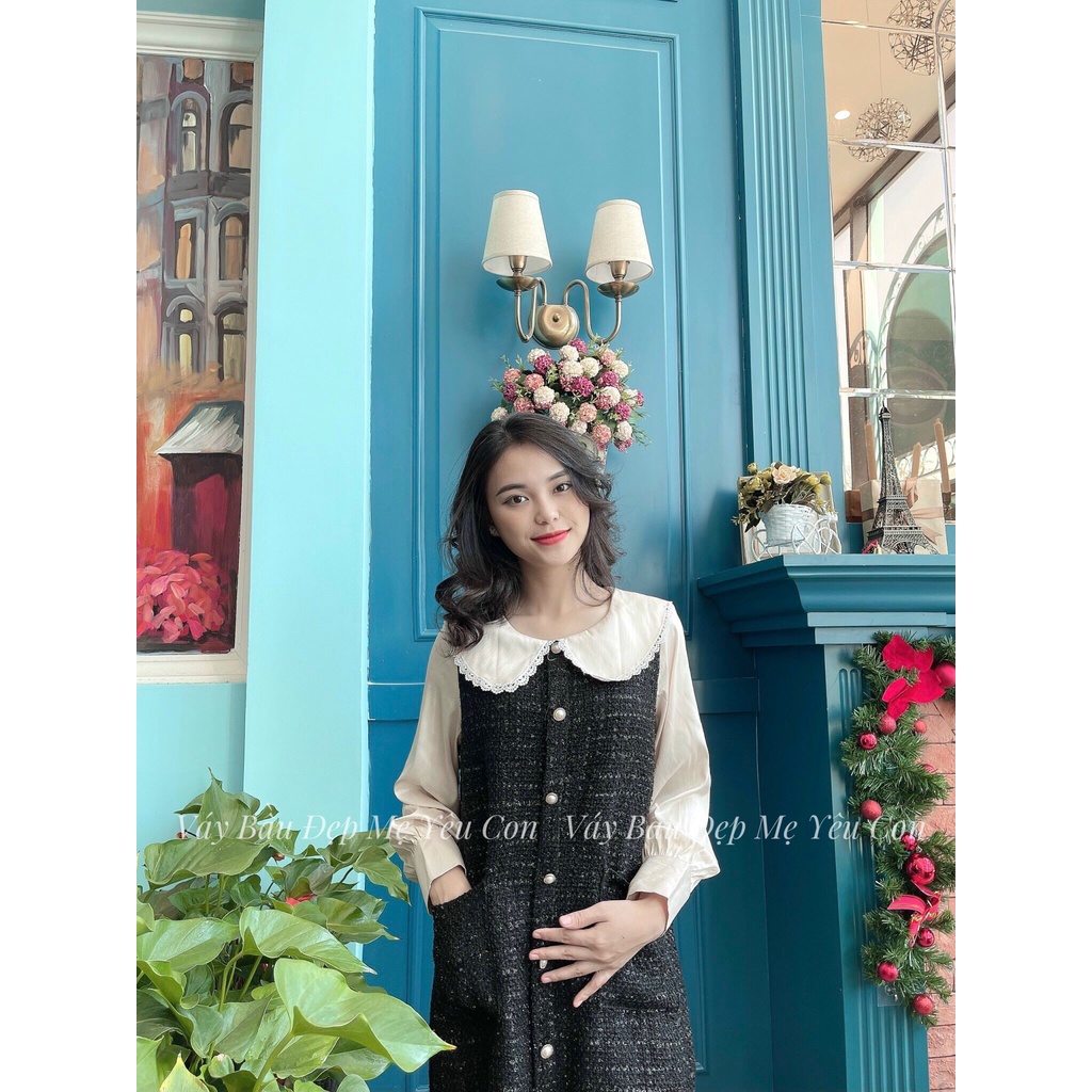 Đầm bầu công sở Váy bầu đẹp dạ tweed khuy dọc dáng suông MYC 7M