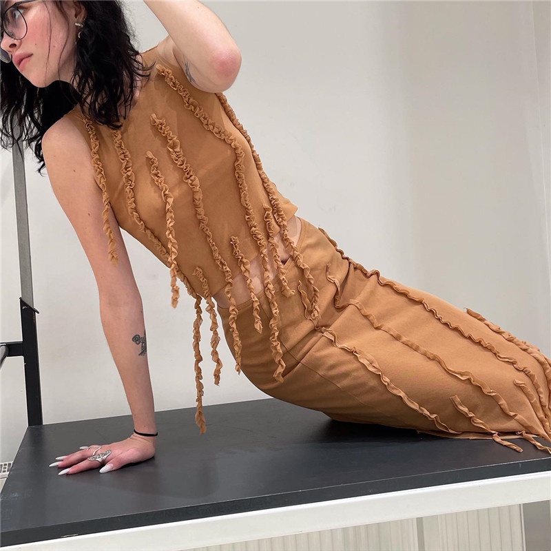 Bộ Áo Tank Top Cổ Tròn Phối Tua Rua + Chân Váy Tua Rua Lưng Cao Thời Trang Cho Nữ