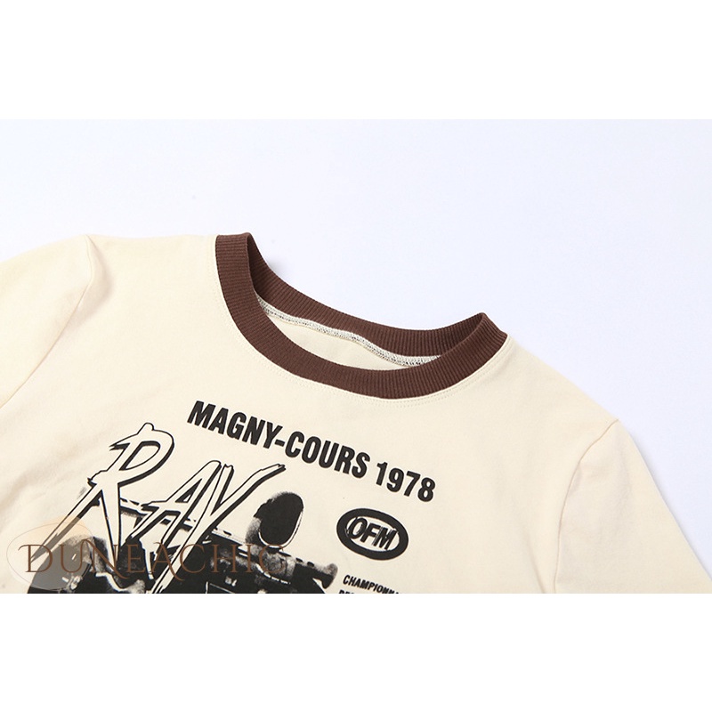 DUNEA Áo thun croptop tay ngắn thắt dây in họa tiết thời trang cho nữ