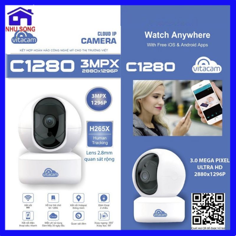 Camera Thông Minh Ip Wifi Vitacam C1280 - 3.0Mpx Full HD 1296P Chuẩn H265X - Bảo Hành Chính Hãng 24 Tháng.