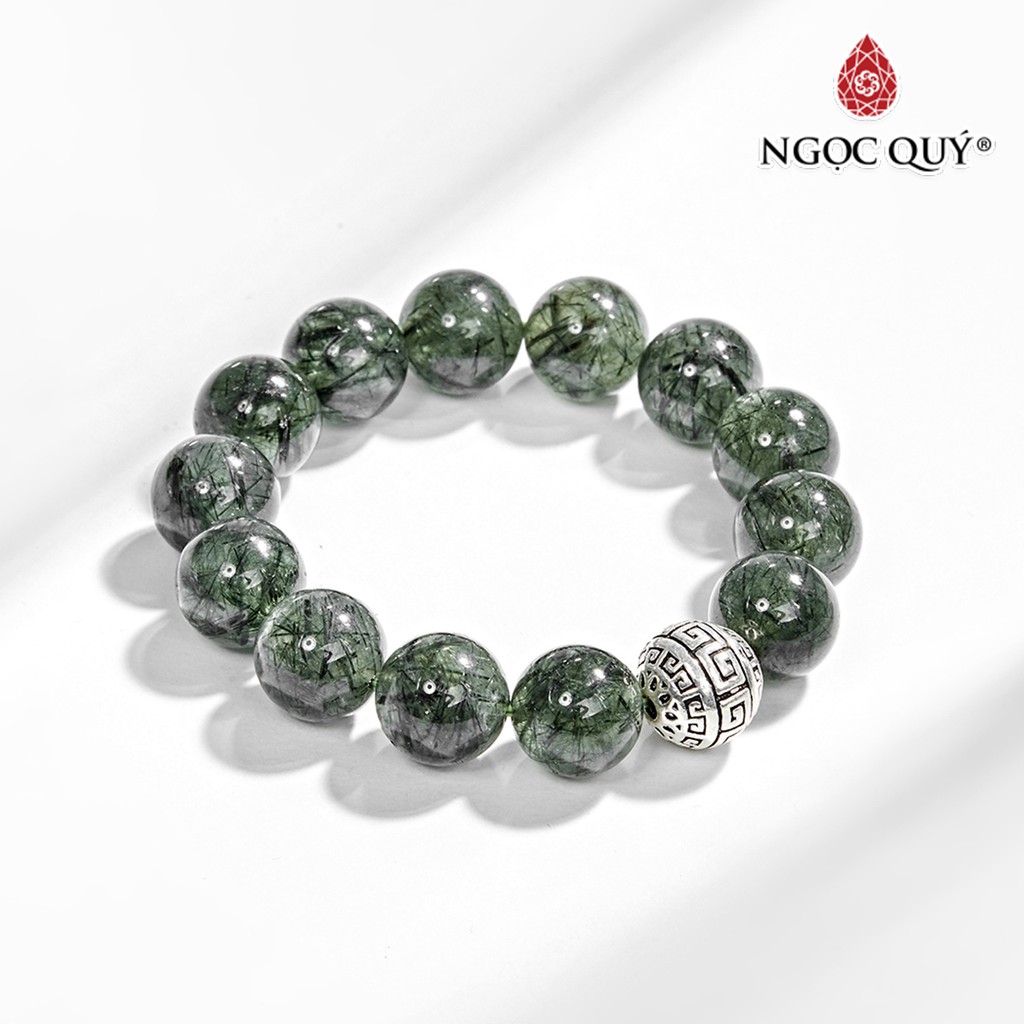 Vòng tay đá TA tóc xanh phối charm bạc 925 hạt 14mm - Ngọc Quý