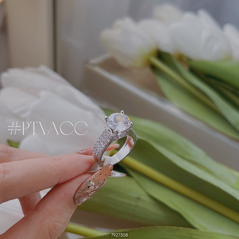 Nhẫn xi bạch kim đơn giản, nhẫn nữ đá tròn basic .PTNACC.