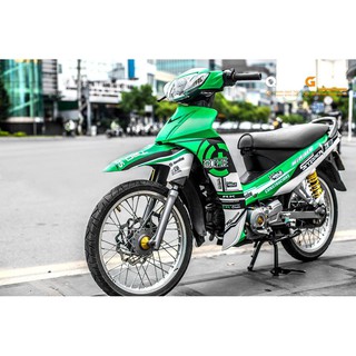 tem trùm xe máy sirius xanh sọc trắng, độ team dán phủ decal xe máy spark giá rẻ đẹp
