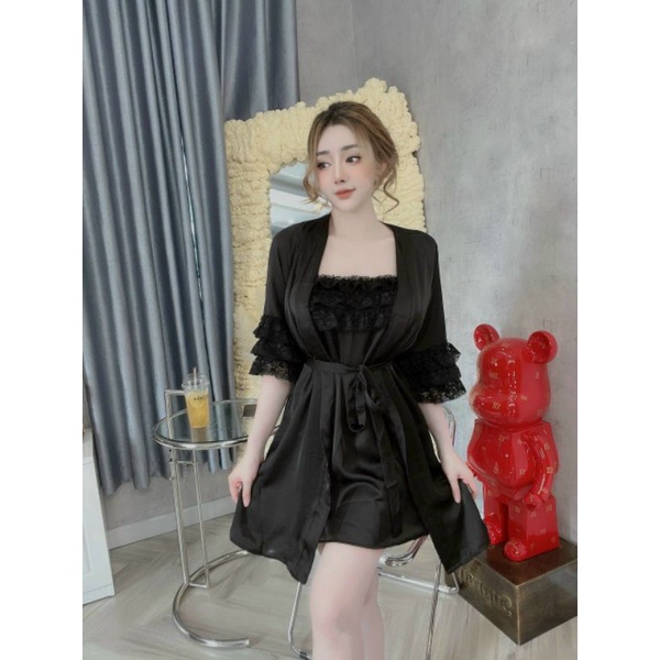 Đầm ngủ gợi cảm kèm áo choàng sexy có dây cột, chất lụa Latin mềm mại Đồ ngủ nữ mặc nhà Cao Cấp