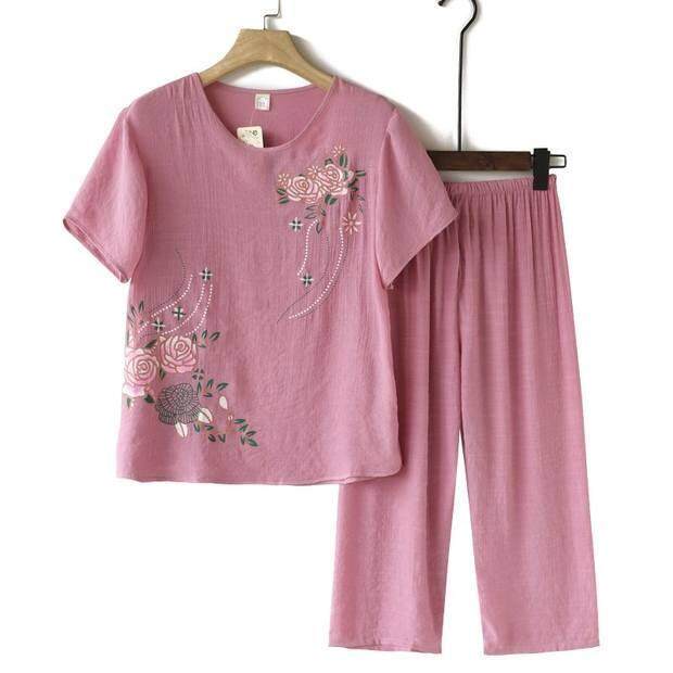 Set quần áo vải lanh cotton mùa hè dành cho phụ nữ trung niên tùy chọn màu sắc