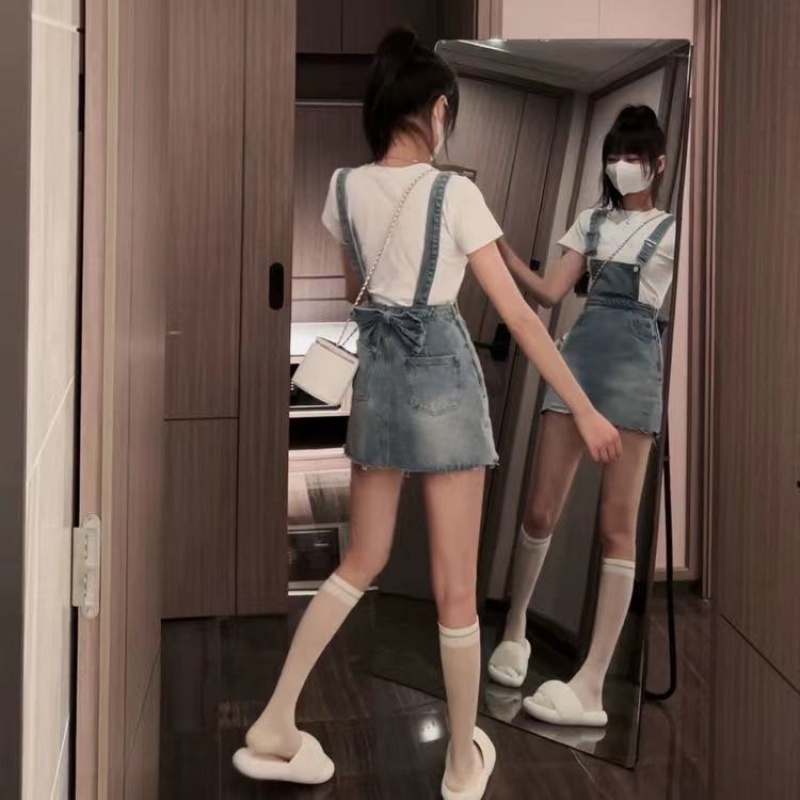 Set yếm Váy Yếm Denim Ngắn Dáng Chữ a Lưng Cao Thắt Nơ Xinh Xắn Thời Trang Cho Nữ