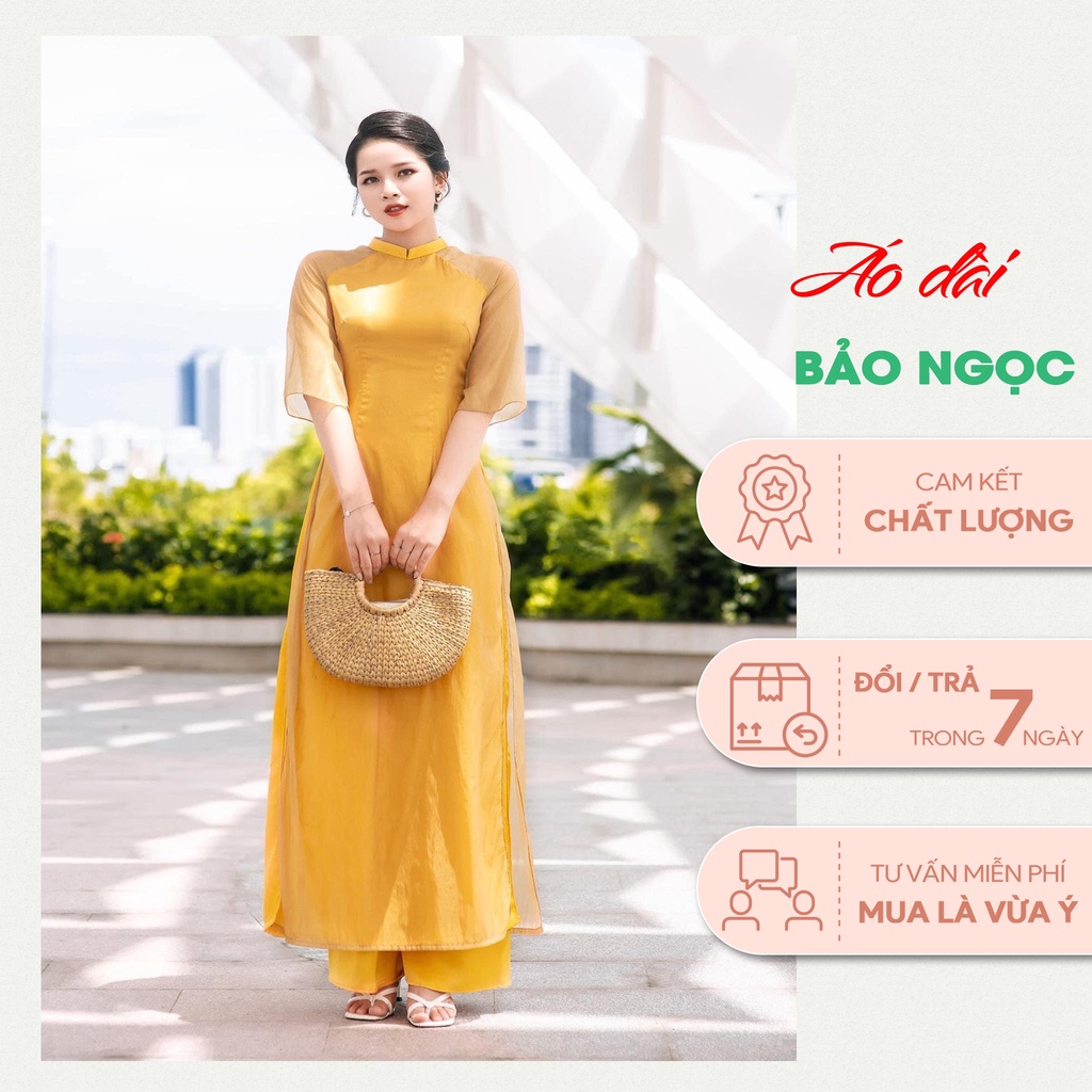 Áo Dài Cách Tân 4 Tà, Màu Vàng, Vải Von Tơ Kết Hợp Lót Lụa, Không Nhăn, Không Xù