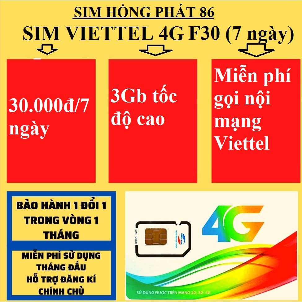 sim viettel 4G gói cước F30 miễn phí 7 ngày 3Gb tốc độ cao miễn phí gọi nội mạng,sim sale bán hàng,nghe gọi và data