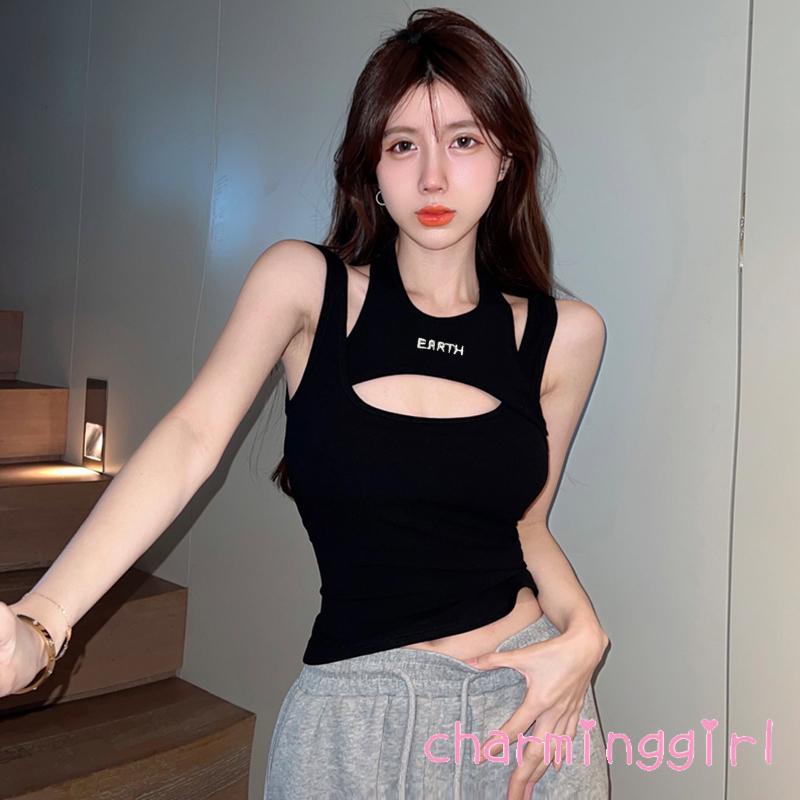 QAQ-Women´s Camisole Halterneck Backless Hollowed Letters Print Slim Fit Tops