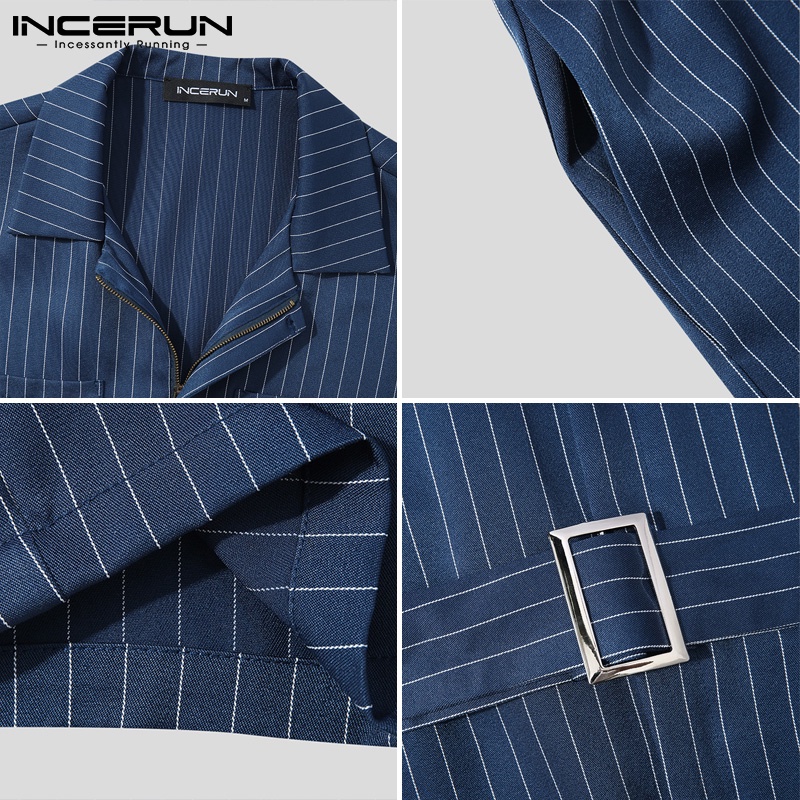 Áo liền quần Incerun không tay in kẻ sọc có thắt lưng kiểu mùa hè cho nam