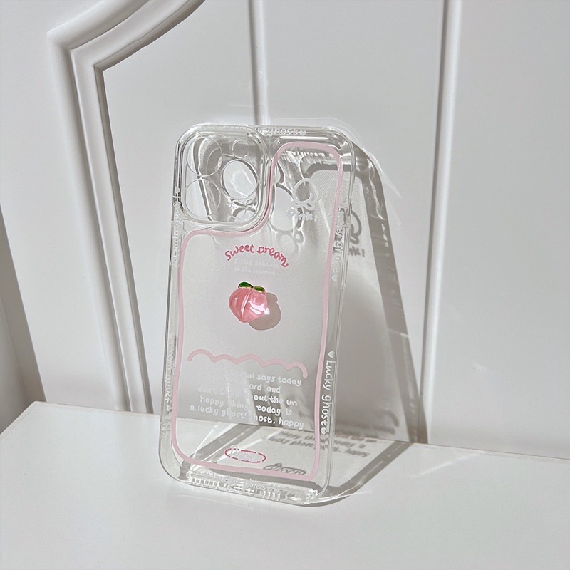 Ốp lưng iphone mềm dẻo viền vuông trong suốt viền hồng có charm quả đào hồng
