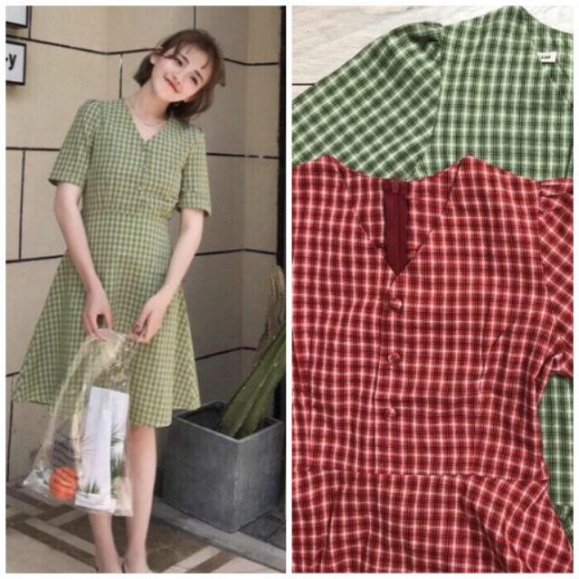 Nhập WAFS1921 giảm 15% tối đa 30k đơn 99k_ Đầm caro xoè nút bọc (có 2 màu)