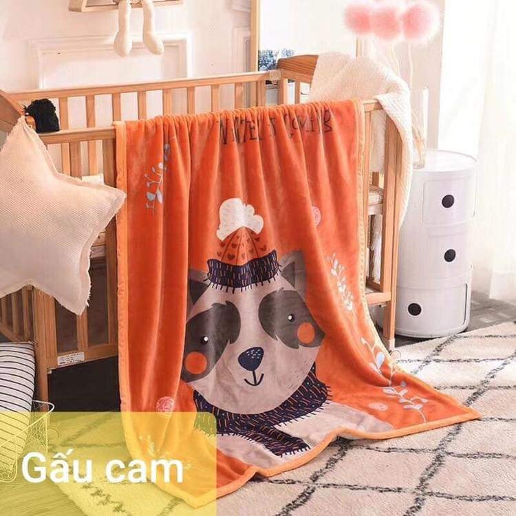 (Xả kho 3 ngày) Chăn tuyết trẻ em 1 lớp KT 1mx1m4 - Gấu cam