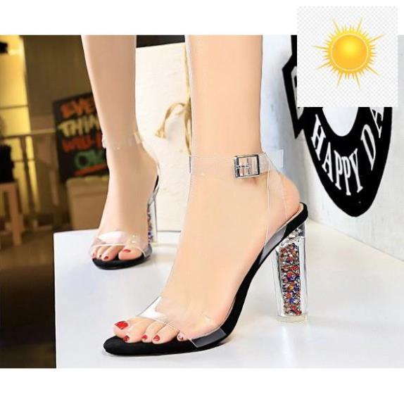 Sandal cao gót màu đen- Quai trong đế nhũ 10cm