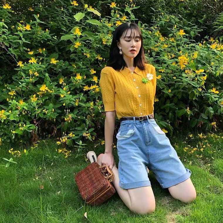 Áo Cardigan dệt kim ngắn tay cổ bẻ thời trang cho nữ