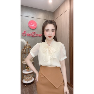 Sơ mi nữ voan tơ cúc ngọc cổ nơ
