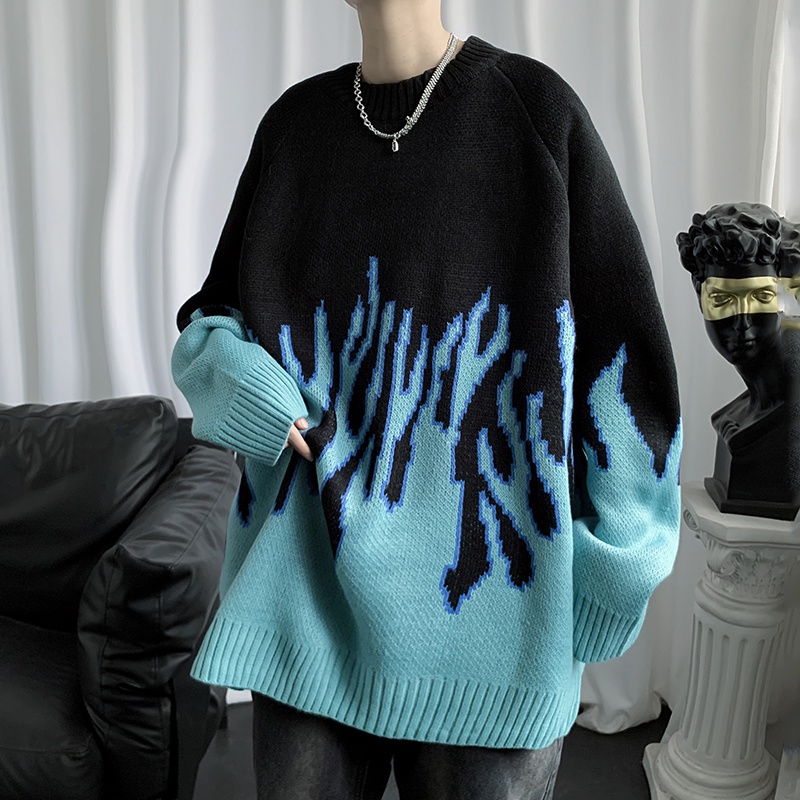 Áo sweater len nam form rộng, áo len nam sweater họa tiết lửa xanh áo khoác local brand unisex form rộng unisex misudo