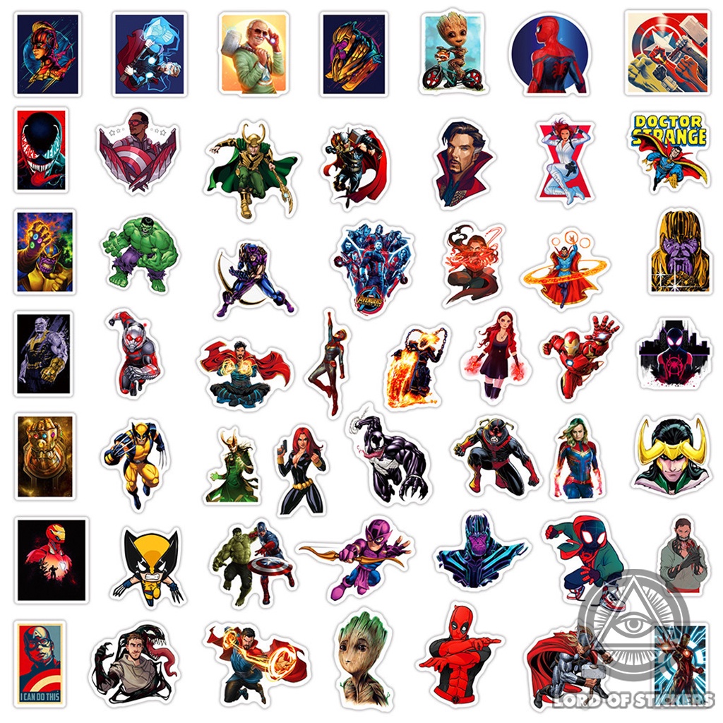 Set 100 Hình Dán Siêu Anh Hùng Marvel DC Sticker Avengers Chống Thấm Nước Trang Trí Mũ Bảo Hiểm, Ván Trượt, Laptop, Vali