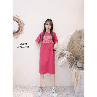 Đầm Suông Dáng Dài Tay Lỡ Váy Suông Nữ Cổ Tròn Họa Tiết Chữ Chất Thun Cotton Hottrend