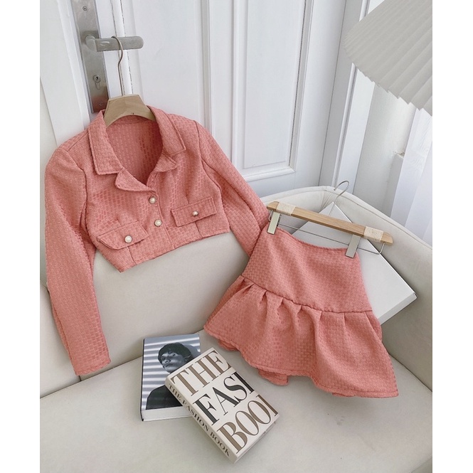 SET ÁO DẠ HỒNG CROPTOP + CHÂN VÁY ĐUÔI CÁ