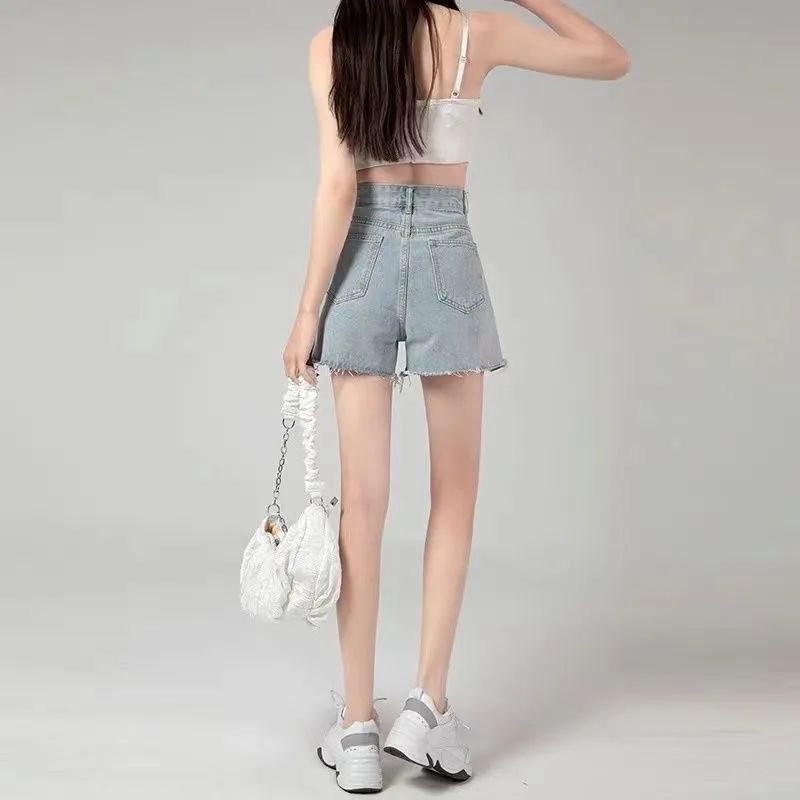 Quần Short Denim Đen Dáng Chữ A Ống Rộng Lưng Cao Phối Rách Thời Trang Mùa Hè 2022 Cho Nữ